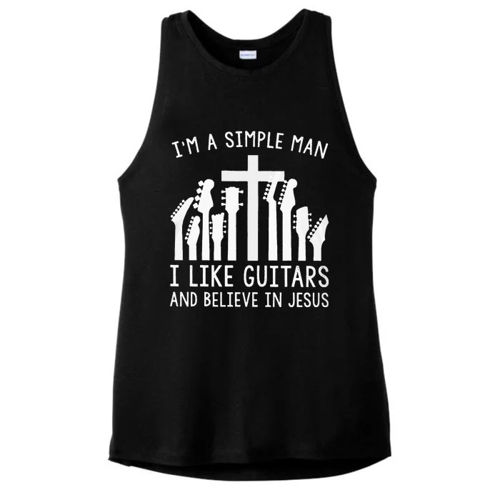 Im A Simple Man I Like Guitars And Believe In Jesus Ladies Tri-Blend Wicking Tank