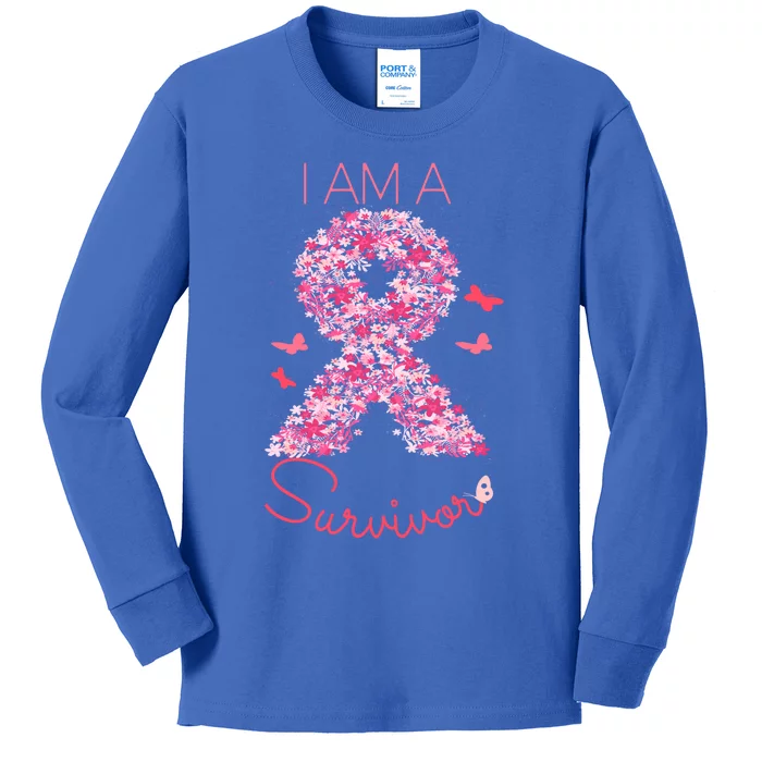 I'm A Survivor Floral Ribbon Butterfly Cancer Awareness Gift Kids Long Sleeve Shirt