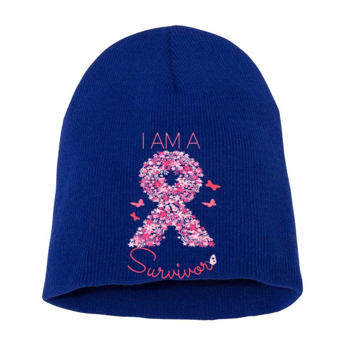 I'm A Survivor Floral Ribbon Butterfly Cancer Awareness Gift Short Acrylic Beanie