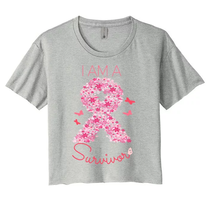 I'm A Survivor Floral Ribbon Butterfly Cancer Awareness Gift Women's Crop Top Tee