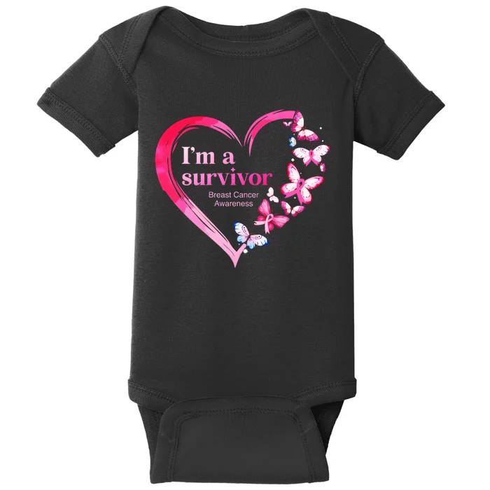 Im A Survivor Breast Cancer Awareness Heart Butterflies Pink Ribbon Baby Bodysuit