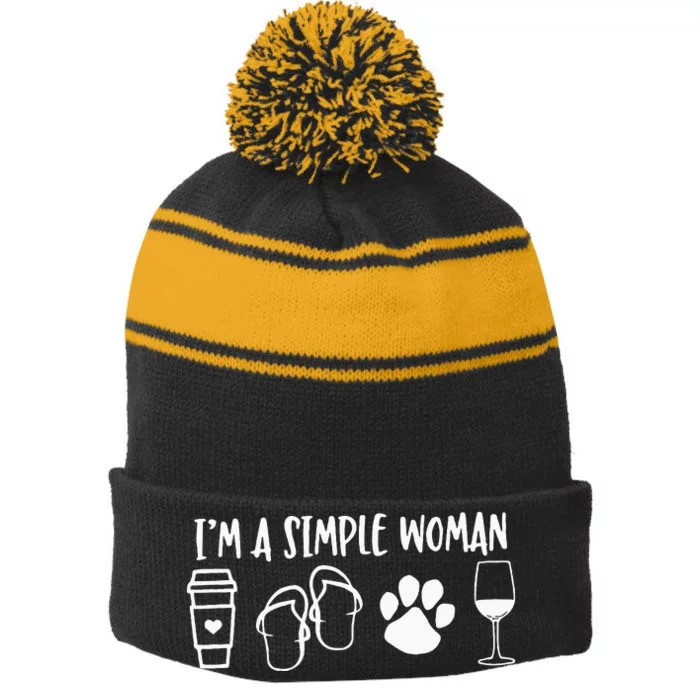 I'm A Simple Woman Coffee Flip Flops Dog Wine Stripe Pom Pom Beanie