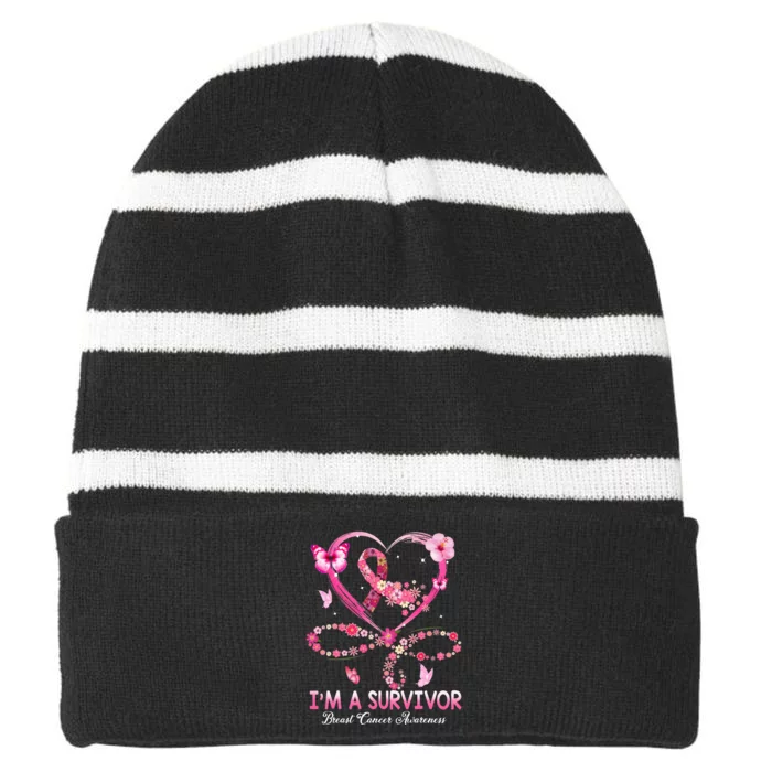 Im A Survivor Breast Cancer Awareness P.I.N.K. Ribbon Striped Beanie with Solid Band