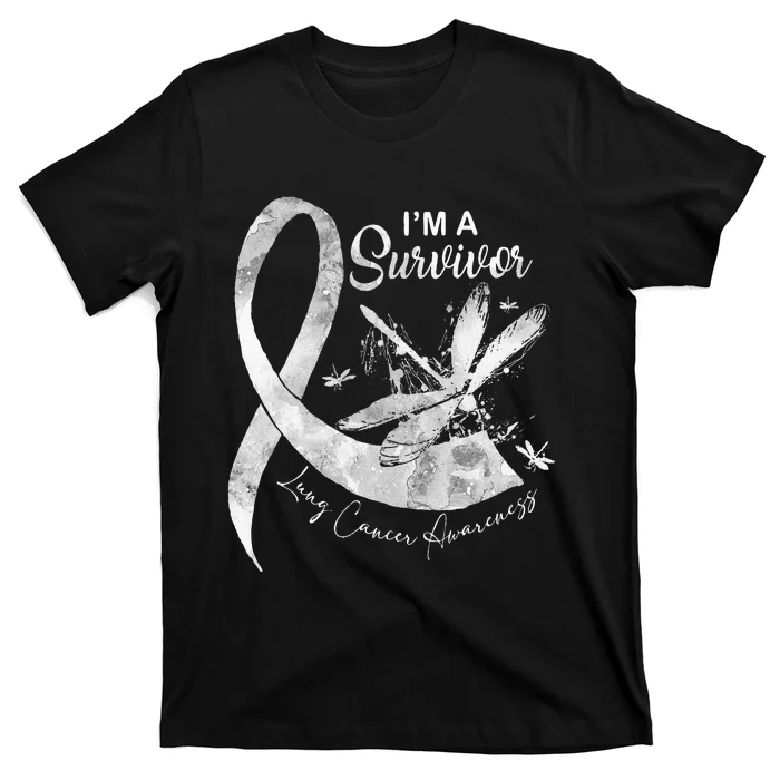 Im A Survivor Lung Cancer Dragonfly White Ribbon T-Shirt