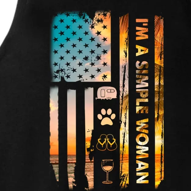 I'm A Simple Woman Camping Wine Flip Flops Dog Camp USA Flag Ladies Tri-Blend Wicking Tank