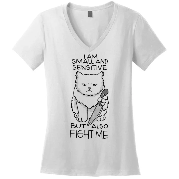 I Am Small And Sensitive But Also Fight Me Funny Cat Women's V-Neck T-Shirt