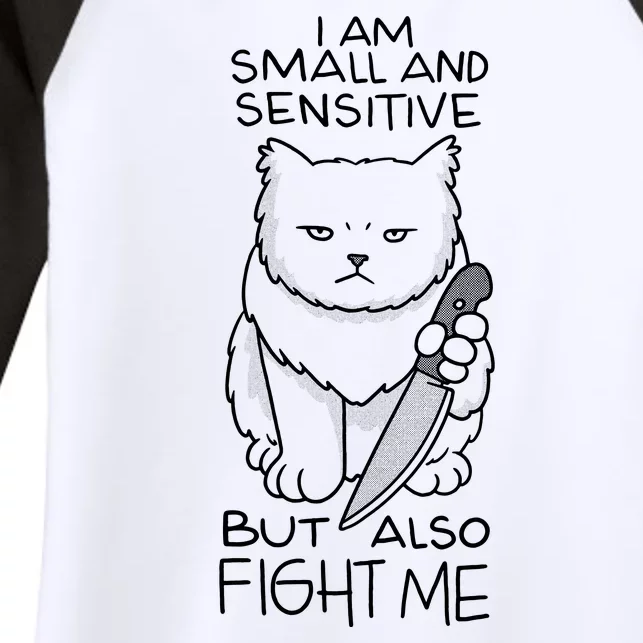 I Am Small And Sensitive But Also Fight Me Funny Cat Women's Tri-Blend 3/4-Sleeve Raglan Shirt