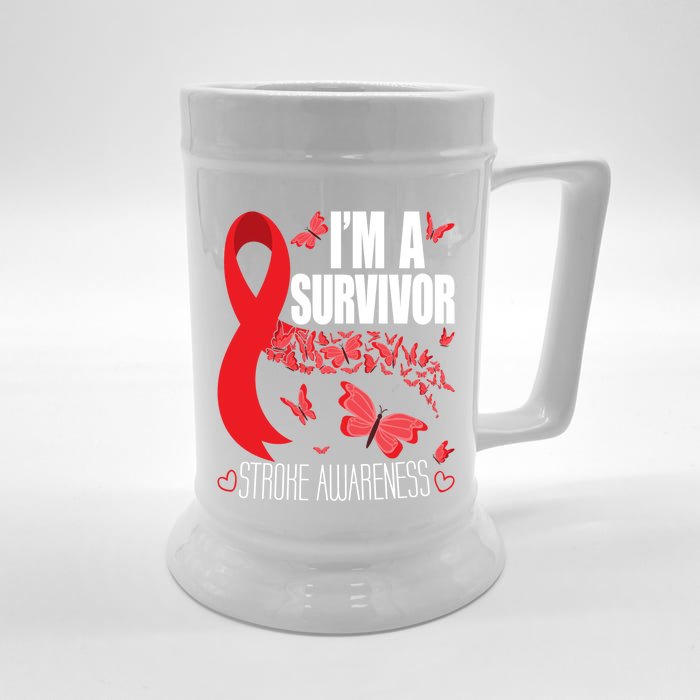 I'm A Survivor Stroke Awareness Cute Gift Red Ribbon Brain Attack Cool Gift Front & Back Beer Stein