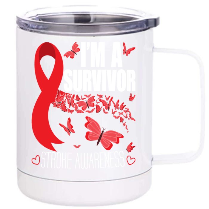 I'm A Survivor Stroke Awareness Cute Gift Red Ribbon Brain Attack Cool Gift Front & Back 12oz Stainless Steel Tumbler Cup