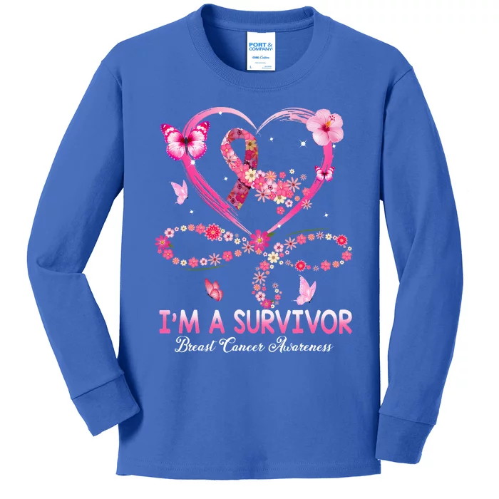 I'm A Survivor Breast Cancer Awareness Pink Ribbon Flower Kids Long Sleeve Shirt