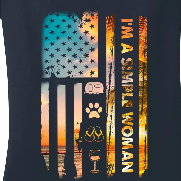 I'm A Simple Woman Camping Wine Flip Flops Gift Dog Camp Usa Flag Gift Women's V-Neck T-Shirt