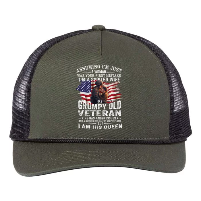 IM A Spoiled Wife Of A Grumpy Old Veteran Husband Wife Retro Rope Trucker Hat Cap