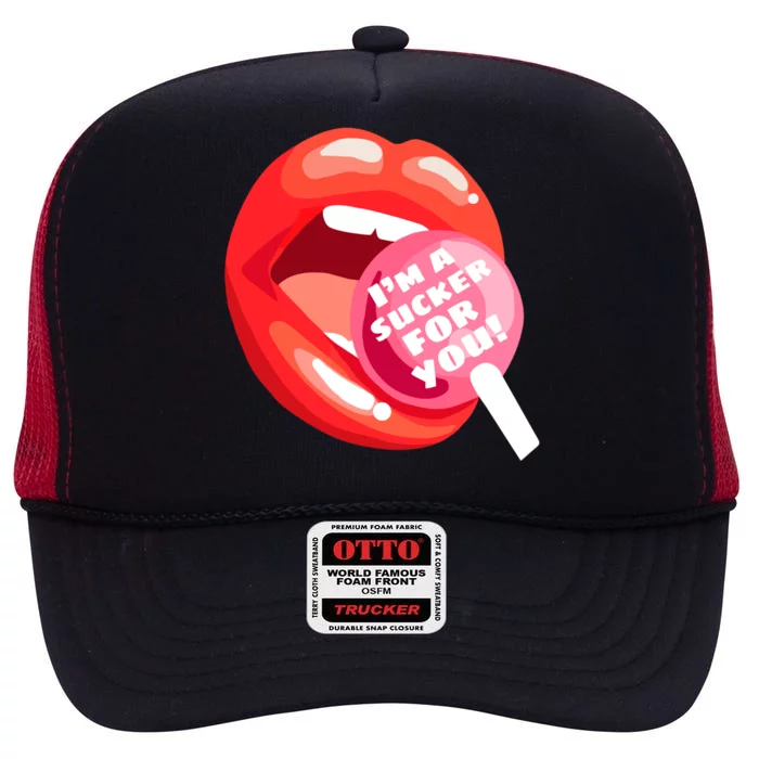 I'm A Sucker For You Red Lips Candy Lollipop Valentine's Day Great Gift High Crown Mesh Trucker Hat