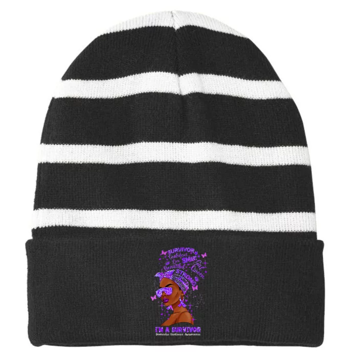 I'm A Survivor Domestic Violence Awareness Black Woman Striped Beanie with Solid Band