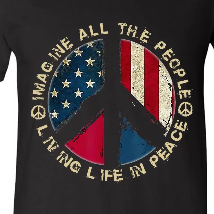 Imagine All The People Living Life In Peace Hippie Lover V-Neck T-Shirt