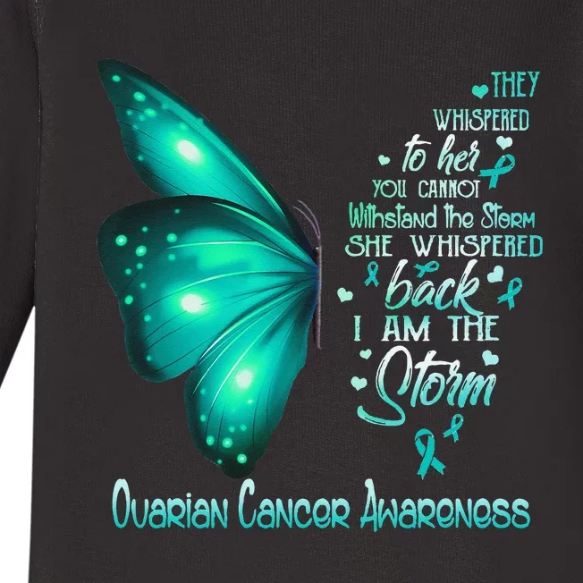 I Am The Storm Ovarian Cancer Awareness Butterfly Baby Long Sleeve Bodysuit