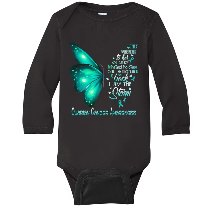 I Am The Storm Ovarian Cancer Awareness Butterfly Baby Long Sleeve Bodysuit