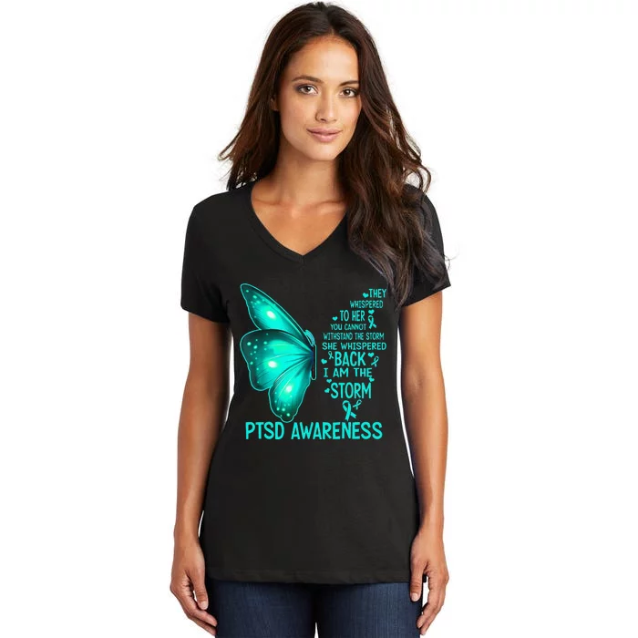 I Am The Storm PTSD Awareness Butterfly Women's V-Neck T-Shirt