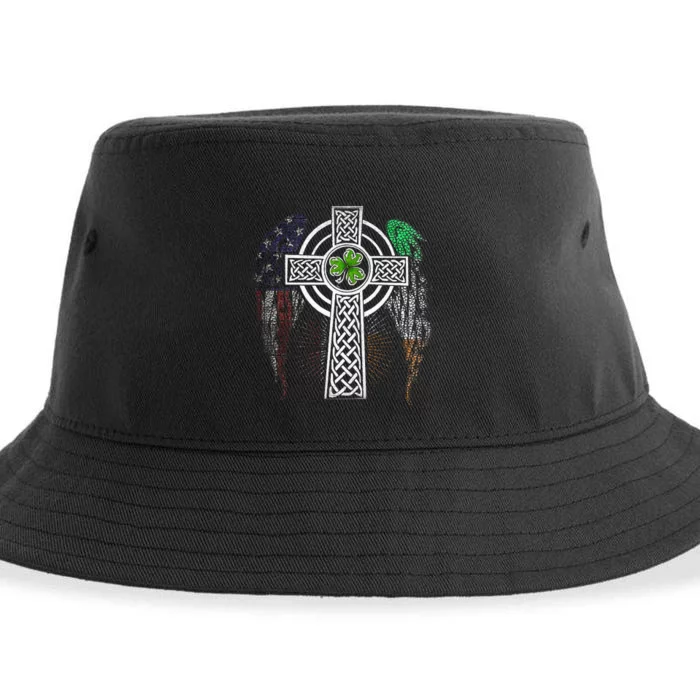 Irish American USA Flag Celtic Cross St Patricks Day Sustainable Bucket Hat