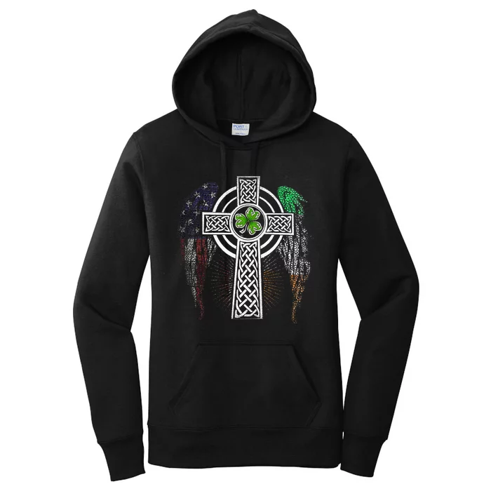 Irish American USA Flag Celtic Cross St Patricks Day Women's Pullover Hoodie