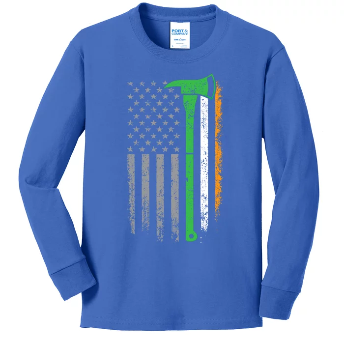 Irish American Us Flag Firefighter Axe Fire St Patricks Day Gift Kids Long Sleeve Shirt