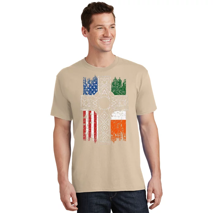 Irish American USA Flag Celtic Cross St Patrick's Day T-Shirt