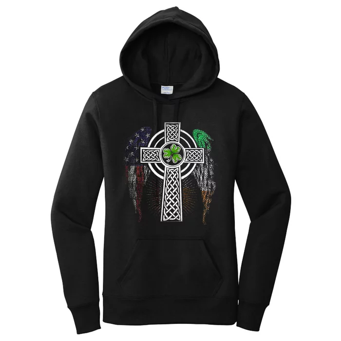 Irish American USA Flag Celtic Cross St Patricks Day Women's Pullover Hoodie