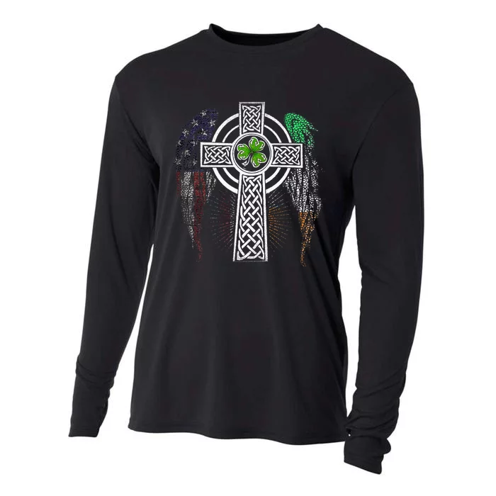 Irish American USA Flag Celtic Cross St Patricks Day Cooling Performance Long Sleeve Crew