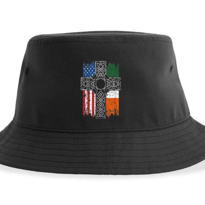 Irish American USA Flag Celtic Cross St Patrick's Day Sustainable Bucket Hat