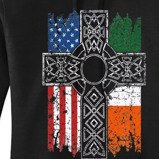 Irish American USA Flag Celtic Cross St Patrick's Day Women's Pullover Hoodie