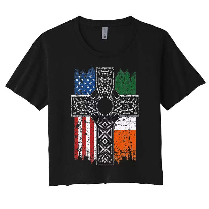 Irish American USA Flag Celtic Cross St Patrick's Day Women's Crop Top Tee