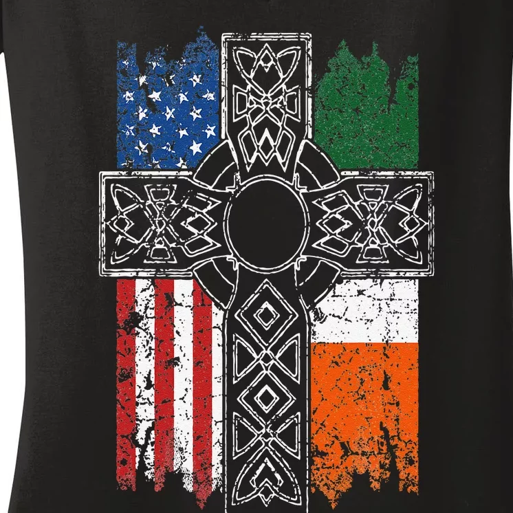 Irish American USA Flag Celtic Cross St Patrick's Day Women's V-Neck T-Shirt