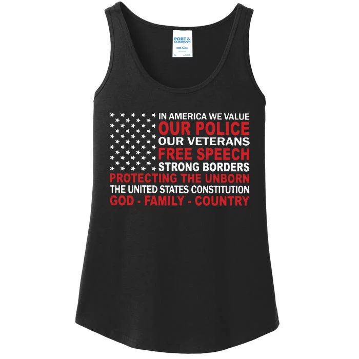 In America We Value Our Police Our Veterans Free Speech Ladies Essential Tank