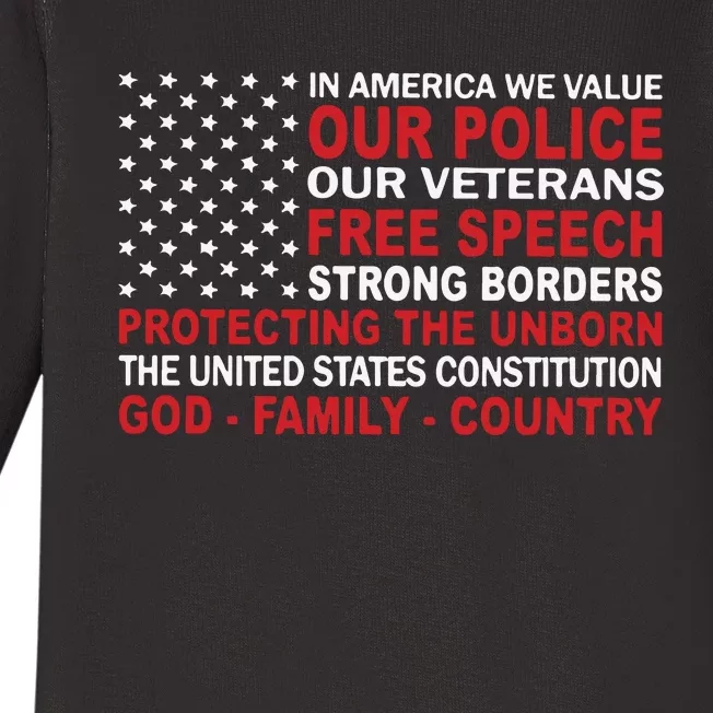 In America We Value Our Police Our Veterans Free Speech Baby Long Sleeve Bodysuit