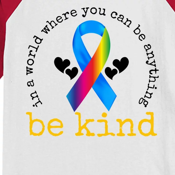 In A World Where You Can Be Anything Be Kind Autism Awareness Ribbon Kids Colorblock Raglan Jersey