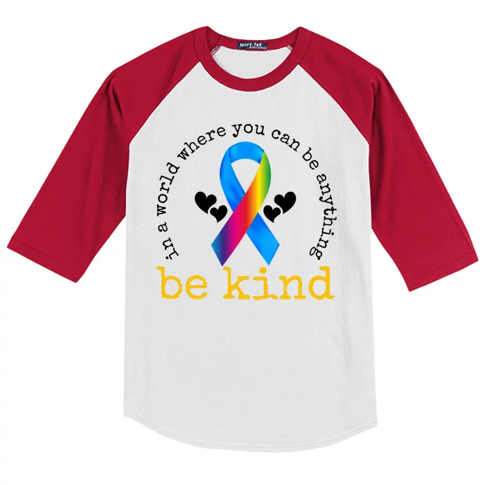 In A World Where You Can Be Anything Be Kind Autism Awareness Ribbon Kids Colorblock Raglan Jersey