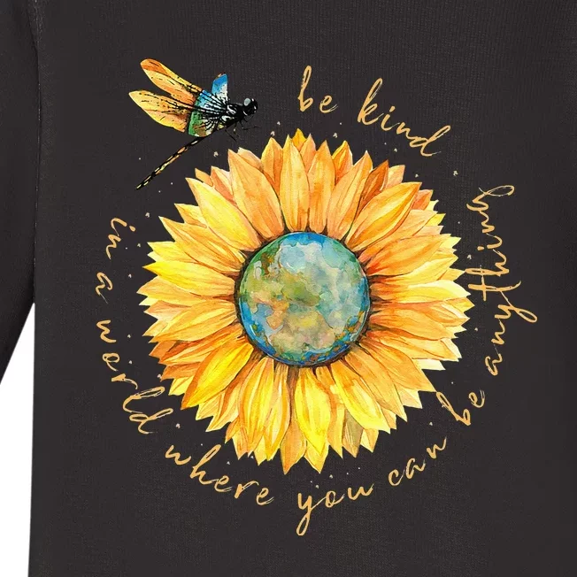 In A World Where You Can Be Anything Be Kind Sunflower Baby Long Sleeve Bodysuit