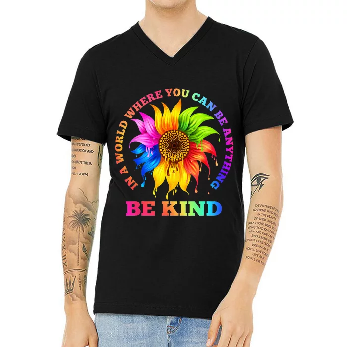 In A World Where You Can Be Anything BE KIND LGBT Rainbow V-Neck T-Shirt