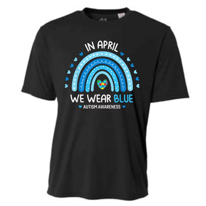 In April We Wear Blue Rainbow Autism Awareness Puzzle Love Cooling Performance Crew T-Shirt