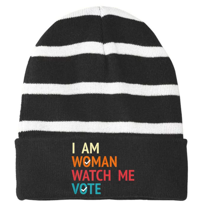 I Am Woman Watch Me Vote Kamala Harris 2024 Striped Beanie with Solid Band