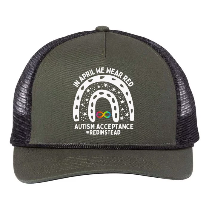 In April We Wear Red Autism Awareness Acceptance Red Instead Retro Rope Trucker Hat Cap