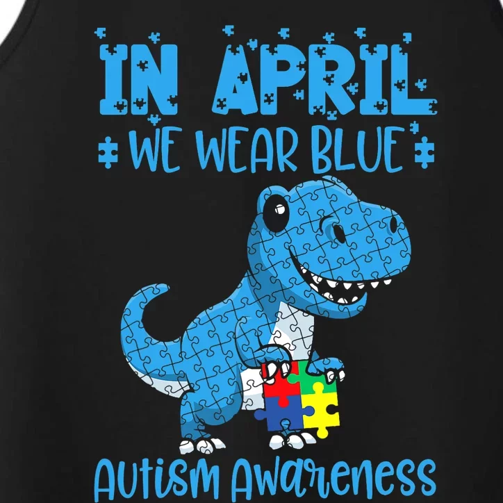 In April We Wear Blue Autism Awareness Month Dinosaur Performance Tank