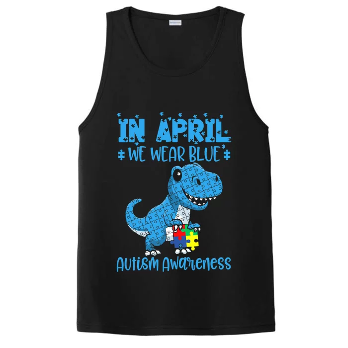 In April We Wear Blue Autism Awareness Month Dinosaur Performance Tank