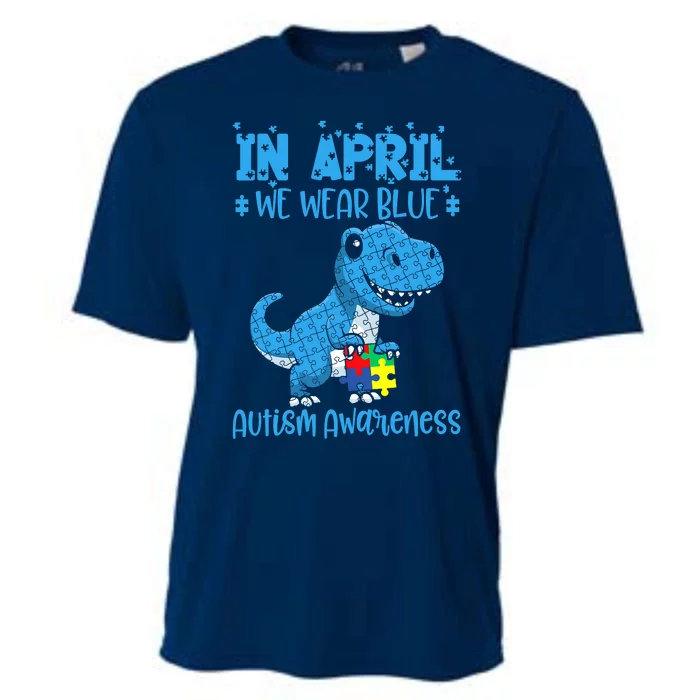 In April We Wear Blue Autism Awareness Month Dinosaur Cooling Performance Crew T-Shirt