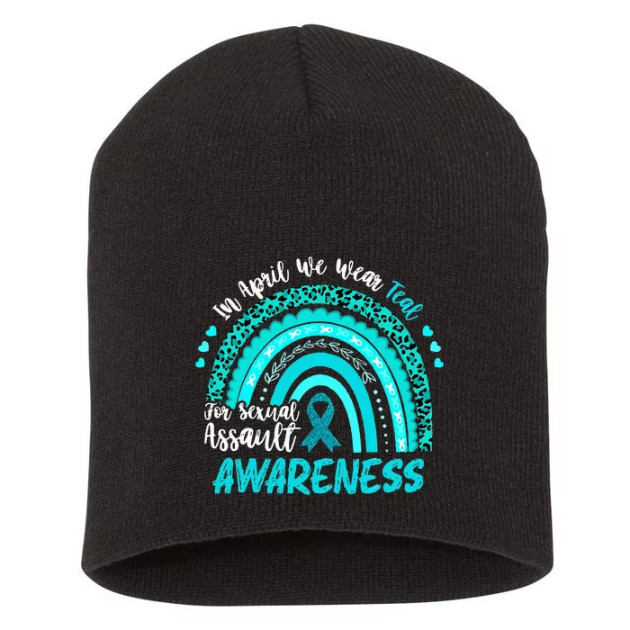 In April We Wear Teal Sexual Assault Awareness Boho Rainbow Short Acrylic Beanie