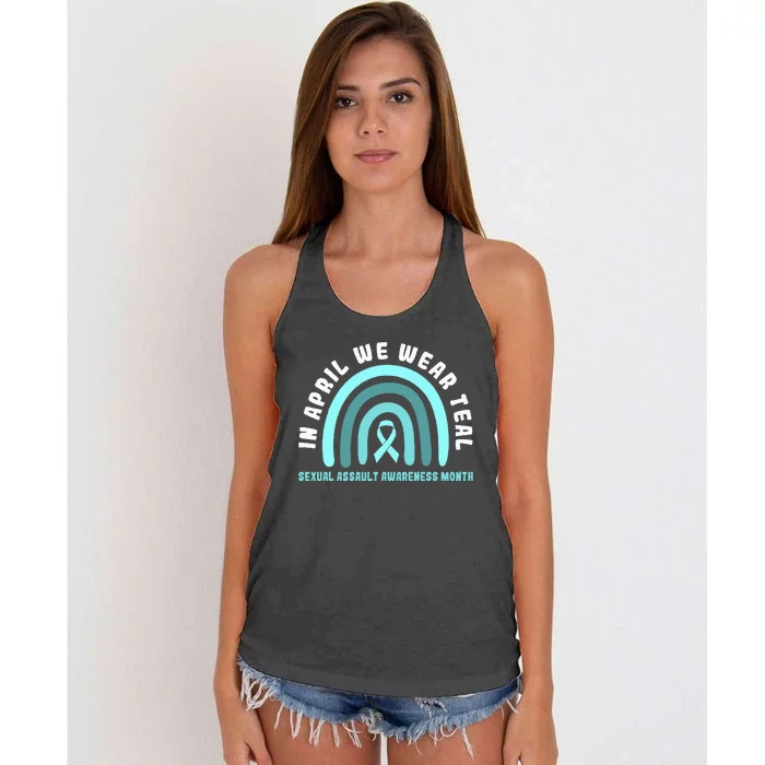 In April We Wear Teal Sexual Assault Awareness Month Women's Knotted Racerback Tank