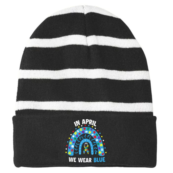 In April We Wear Blue Rainbow Striped Beanie with Solid Band