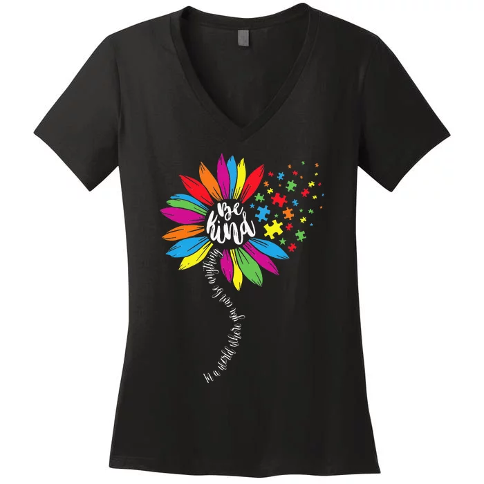 In A World You Can Sunflower Autism Awareness Be Kind Puzzle Women's V-Neck T-Shirt