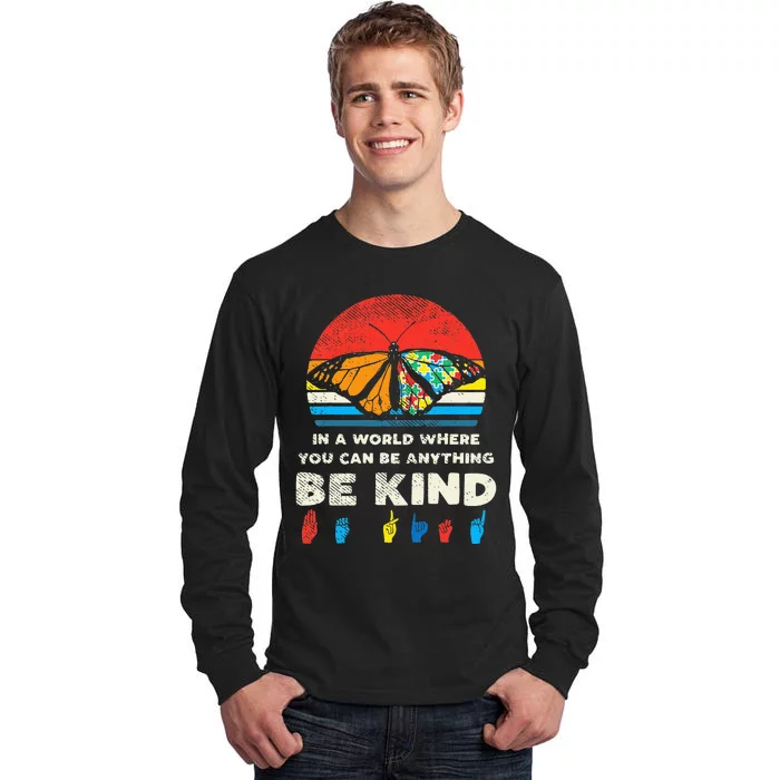 In A World Be Kind Monarch Butterfly Retro Autism Awareness Tall Long Sleeve T-Shirt