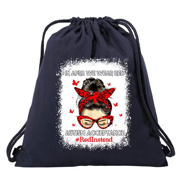 In April We Wear Red Autism Awareness Acceptance Red Instead Drawstring Bag